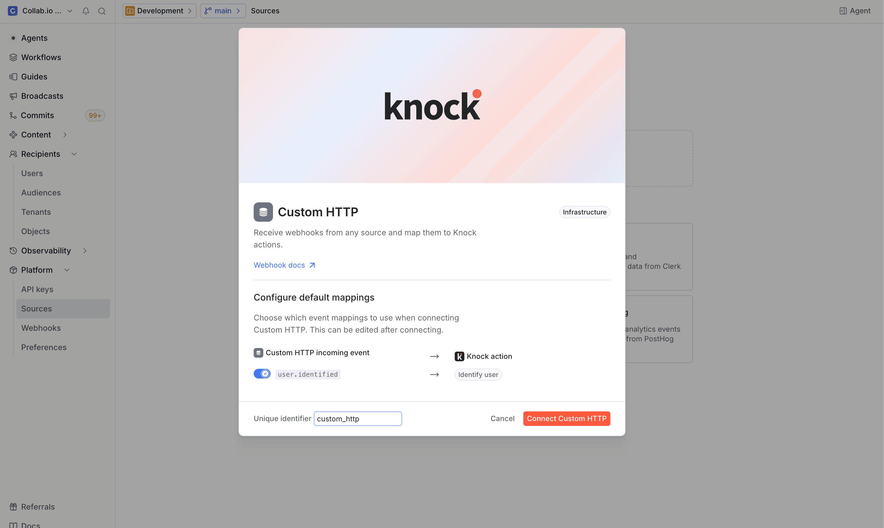 The Custom HTTP source creation modal showing default action mappings