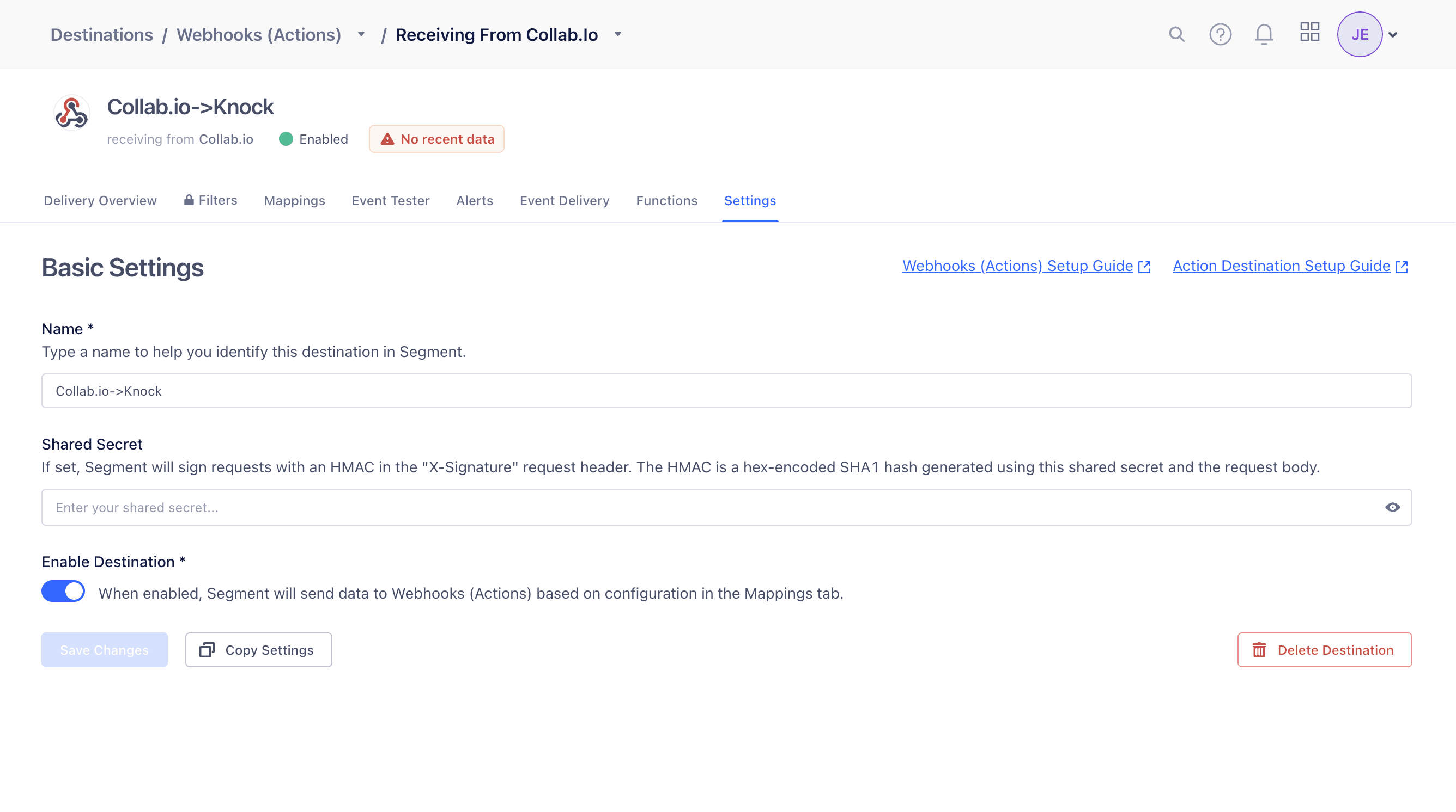 The Segment Webhooks (Actions) destination Settings page showing the Shared Secret field