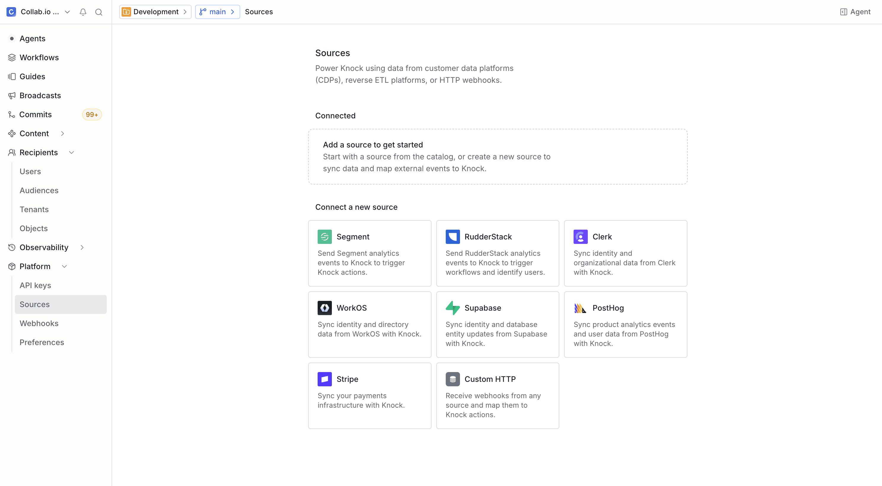 The Sources page in the Knock dashboard