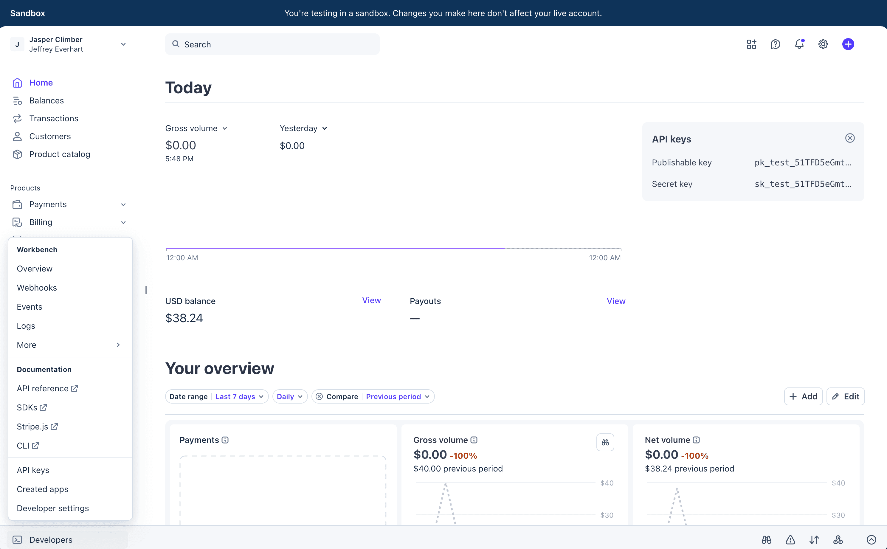 The Stripe dashboard with the Developers Workbench expanded in the bottom left sidebar