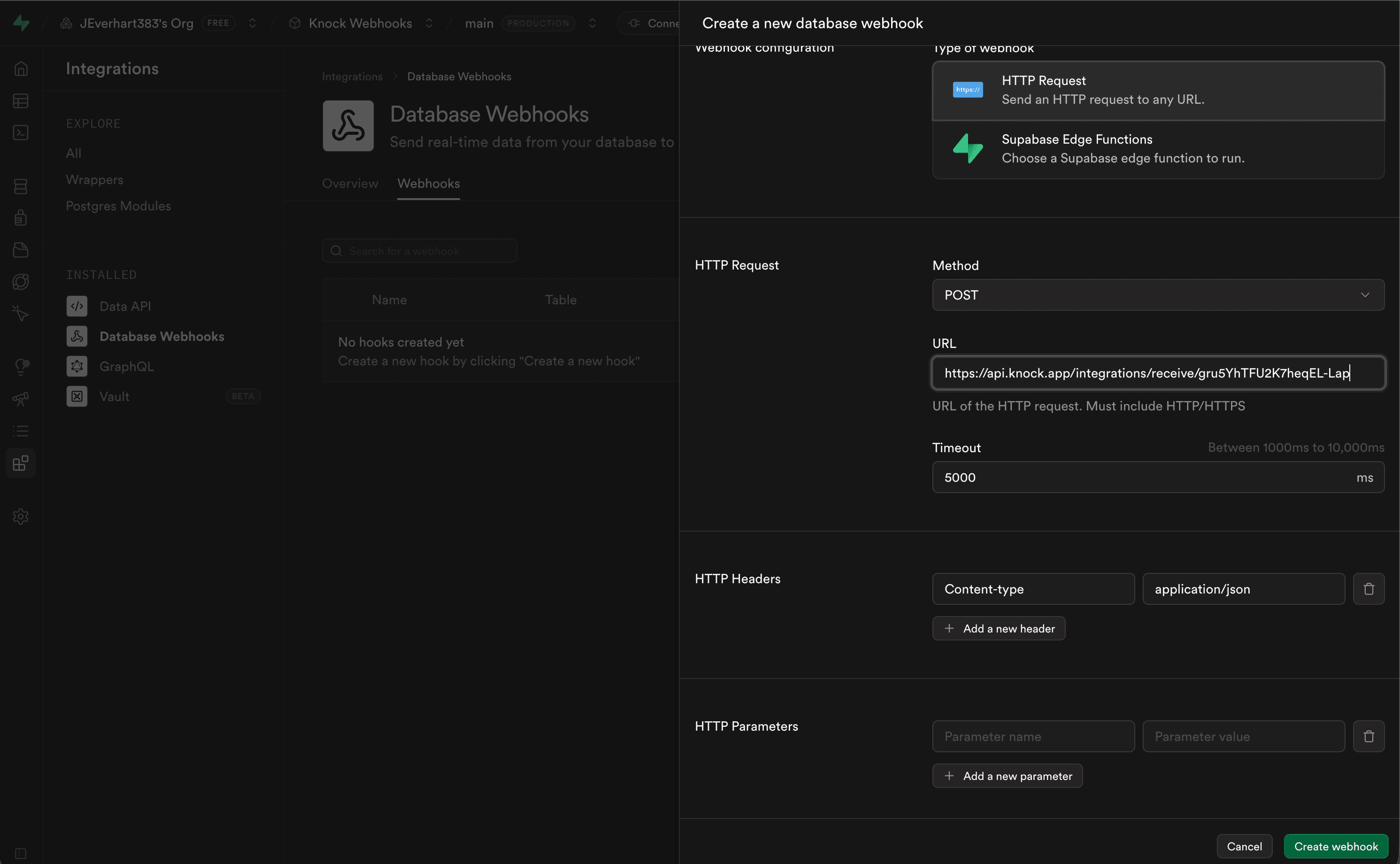 The Supabase create webhook dialog showing the HTTP Request URL field with the Knock webhook URL